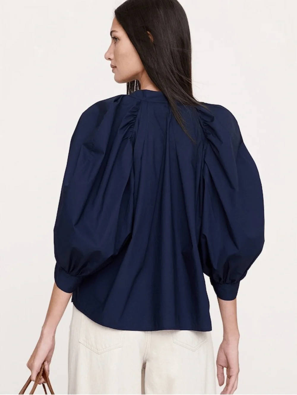 Banana Republic Balloon Volume Puff Sleeve Cotton Poplin Blouse Top Black Split